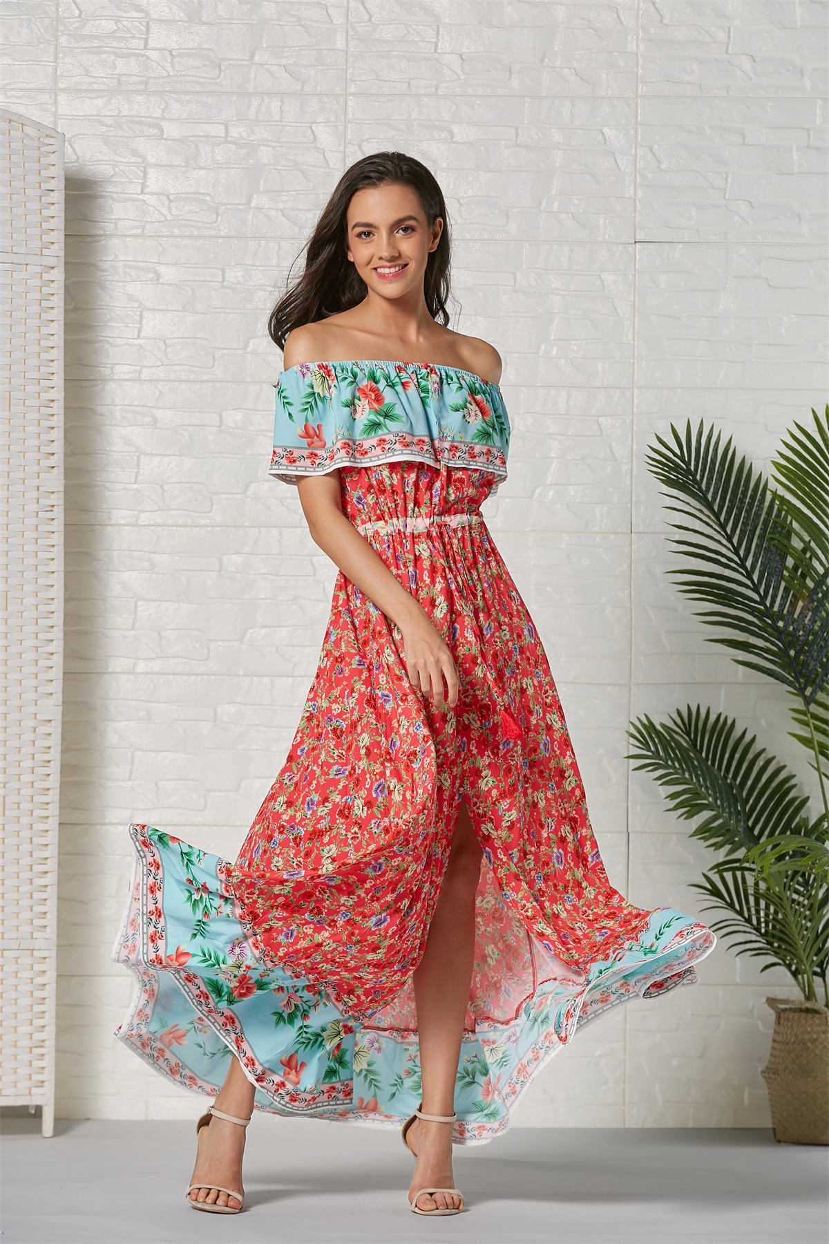 bohemian off-shoulder ruffle print long dress  NSSE53380