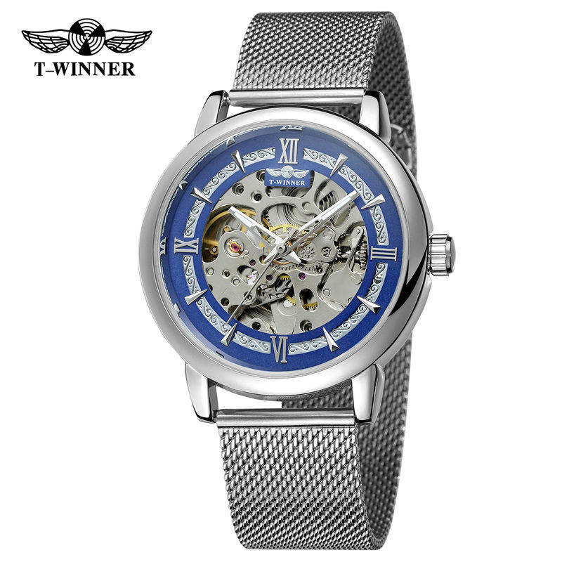 Ganador reloj mecánico automático de los hombres moda hueco transparente Fondo volante Acero inoxidable malla cinturón reloj mecánico B099