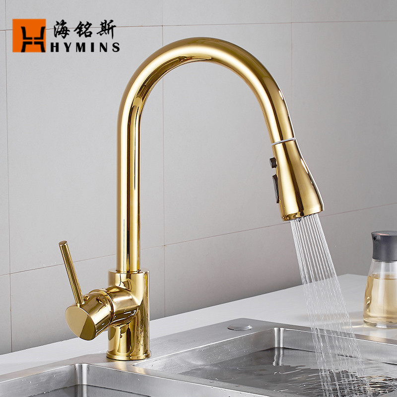 Haimingsi foreign trade kitchen pull-out faucet sink vegetable basin hot and cold rotating golden faucet 9114