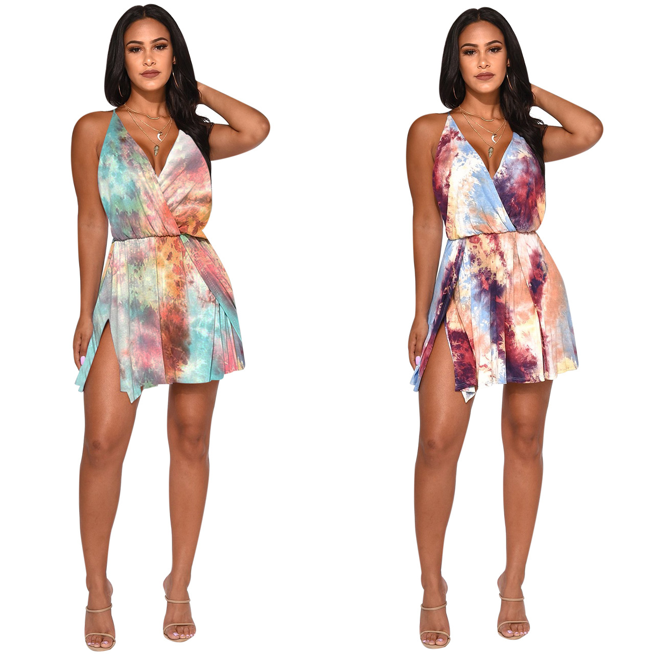 print cross sling backless v neck slit short dress NSMOS127195