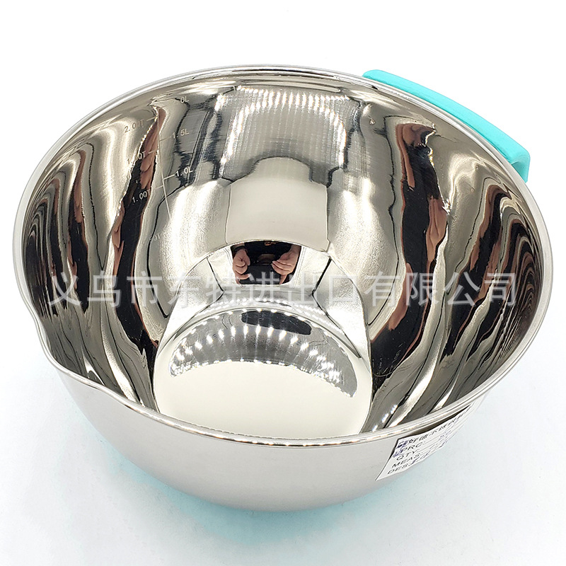 Factory direct sales stainless steel salad basin, high-quality stainless steel silicone handle basin, salad bowl with scale, anti-slip baking detail image 10
