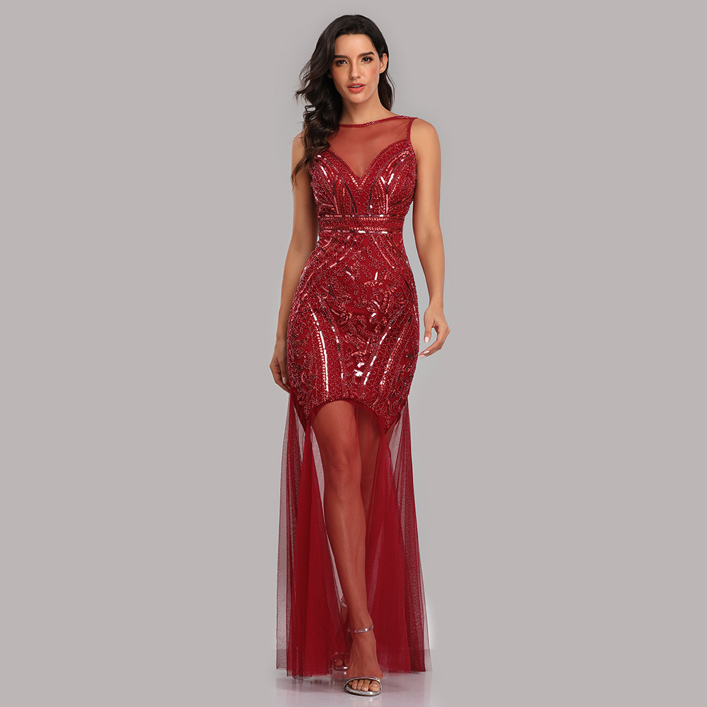 Mesh Beaded See-through Sexy Evening Dress Burgundy Round Neck Sleeveless Long Prom Dress Cross-border New