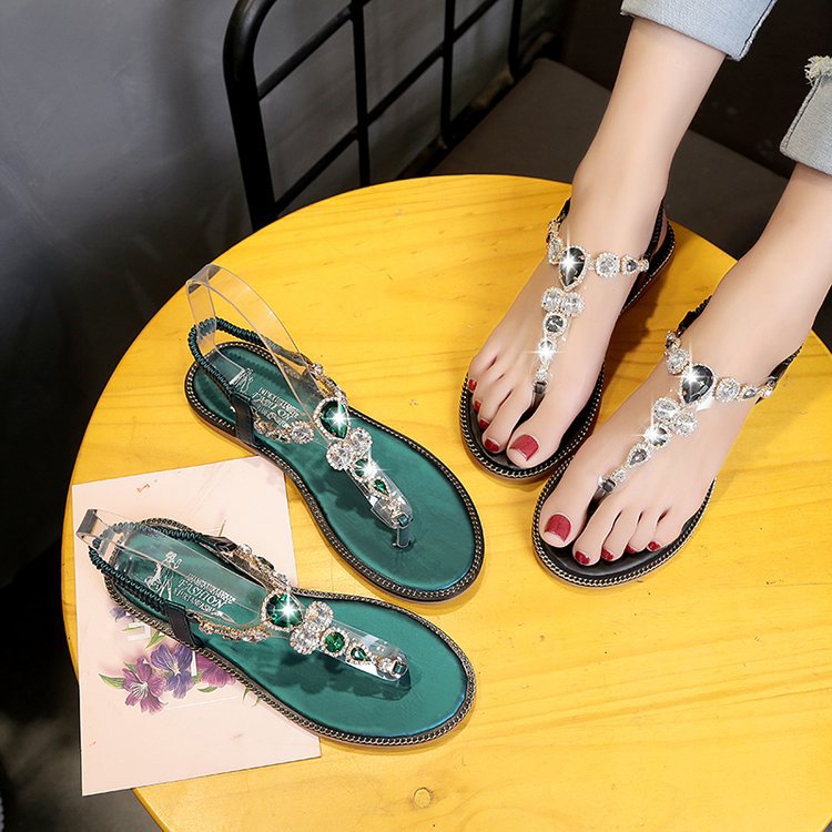 New Summer Rhinestone Sandals Women'S Flat Sole Casual Shoes European And American Cool Toe Sandals Women