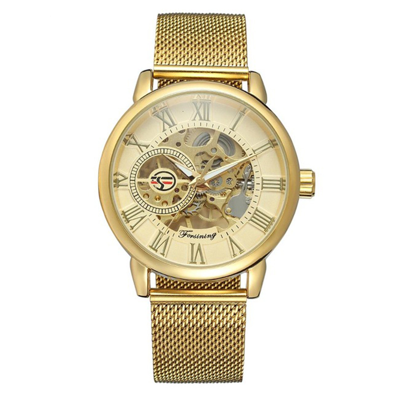Forsining Fusini reloj mecánico manual para hombre Golden Hollow-out transparente inferior Milan metal malla Correa reloj 099