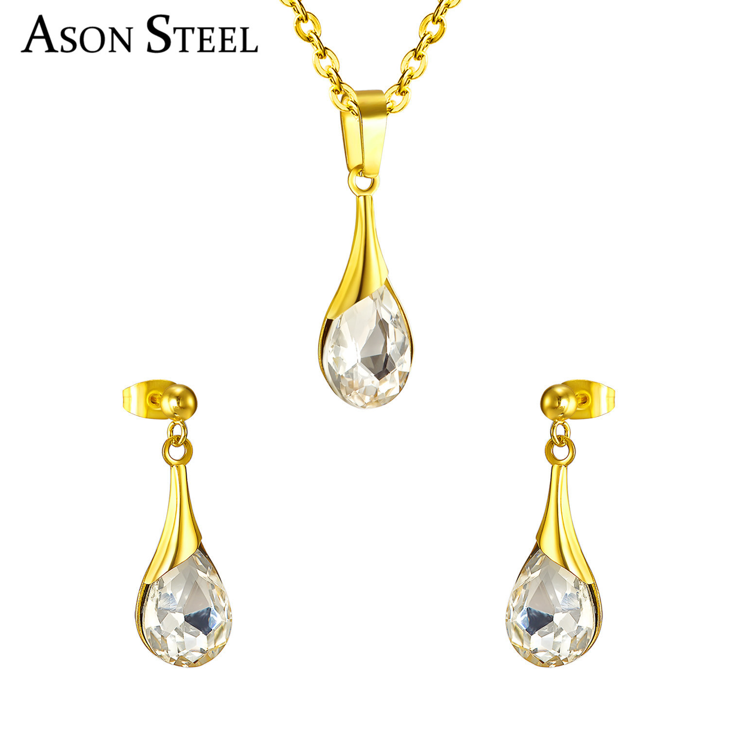 Fashion Water Droplets Stainless Steel Plating Zircon Earrings Necklace 1 Set