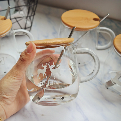 北欧风家用玻璃水杯带把盖勺可爱早安燕麦牛奶杯几何麋鹿咖啡杯