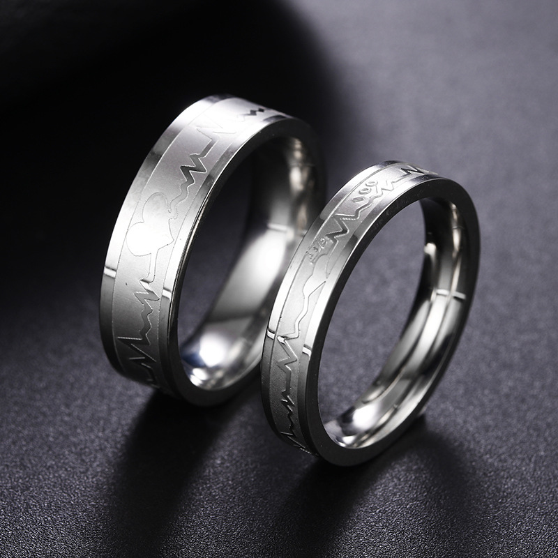 Simple Titanium Steel Electrocardiogram Couple Rings display picture 1