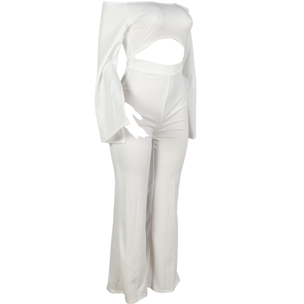 Boutique Casual Solid Color Long Sleeves Cropped off Shoulder Jumpsuit