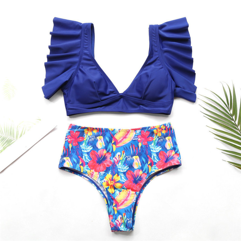 Hot selling fashion women s high waist sexy small sleeves ruffled print swimwear NSHL531