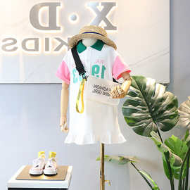 女童裙子秀气拼色连衣裙卫衣裙26夏装新款外贸童装代发3-8岁