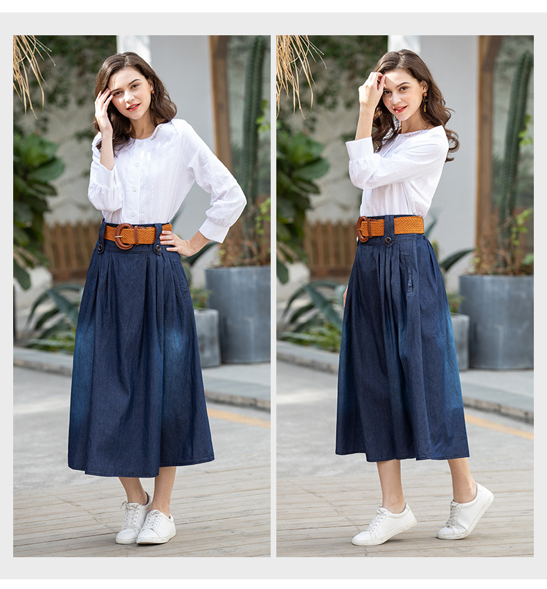 autumn plus size thin high waist mid-length pleated denim skirt   NSDT9083