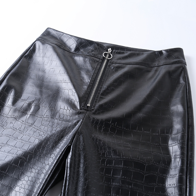 High waist crocodile pattern slim PU leather slim-fit pants NSAFS118931