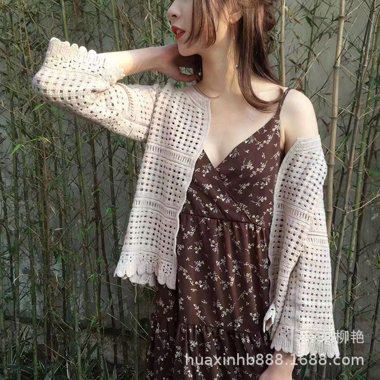 简约短款马甲镂空针织衫春夏薄款文艺韩范七分袖修身开衫女空调衫