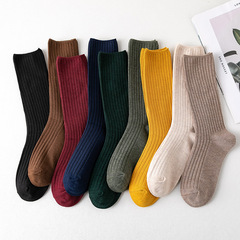 Matching striped stack socks for women, made of cotton, classic double-needle solid color mid-calf socks, factory wholesale stack socks
