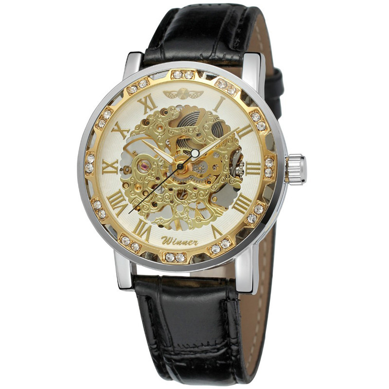 T-winner correa de los hombres reloj mecánico manual hueco transparente inferior moda reloj casual reloj mecánico 614