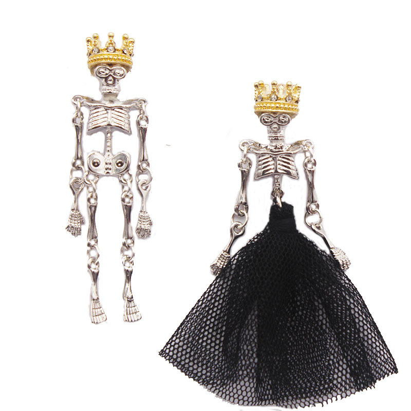 GOTHIC饰品 哥特暗黑系婚礼骷髅人黑纱裙皇冠国王王后情侣不对称耳钉饰品  哥 图 2