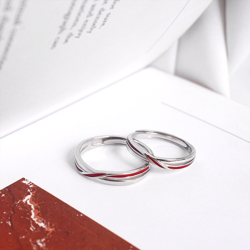 Custom Engraved S925 Pure Silver Red Thread Couple's Rings for Men and Women - Unique Design Open-mouth Matching Bands