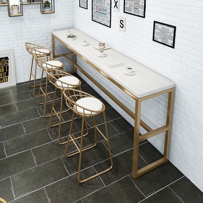 北欧大理石吧台桌铁艺金色高脚家用靠墙长条桌咖啡厅休闲吧凳