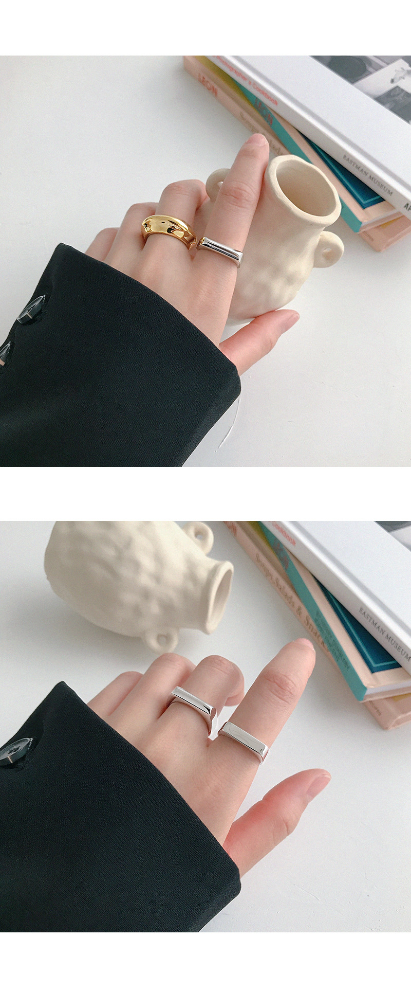 Korean S925 Sterling Silver Ring INS Minimalist Geometric Rectangle Glossy Open Female Ring Silver R