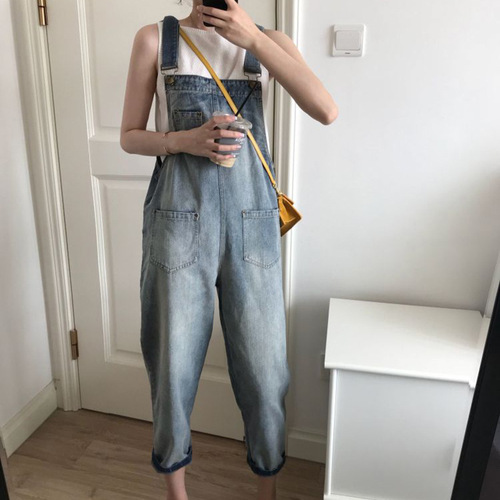 Overalls for women Korean style loose 2024 new spring internet celebrity age-reducing ripped pants slimming high waist wide leg jeans