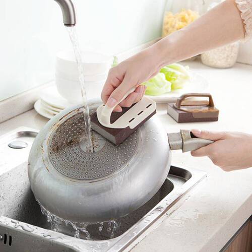 【Factory Direct Sale】Gemini Sand Sponge Cloth Handle Stain Remover Magic Four-Sided Brown Dishwashing Pot Cleaning Sponge