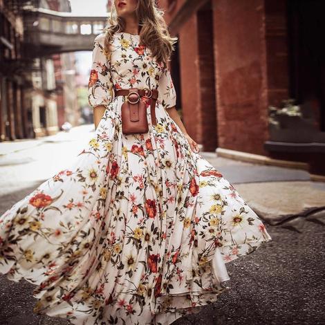 Robe ceinture transfrontalière à imprimés européens et américains, style bohème, col rond, manches trois-quarts, jupe longue._voghion.com