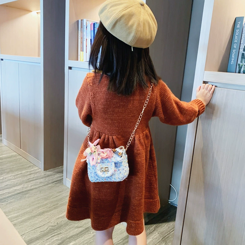 Children's One-Shoulder Bag, Small Tweed Floral Purse with Chain Strap, Cute Patterns