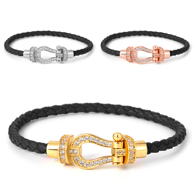 Simple Style Commute Horseshoe Leather Rope Copper Plating Hollow Out Inlay Zircon Unisex Bangle display picture 5