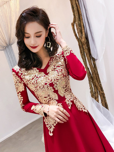 Evening Dresses cocktail party banquet dress vestido de banquete de cóctel Fu Niang wine red wedding engagement back door V-Neck long sleeve thank you banquet evening dress