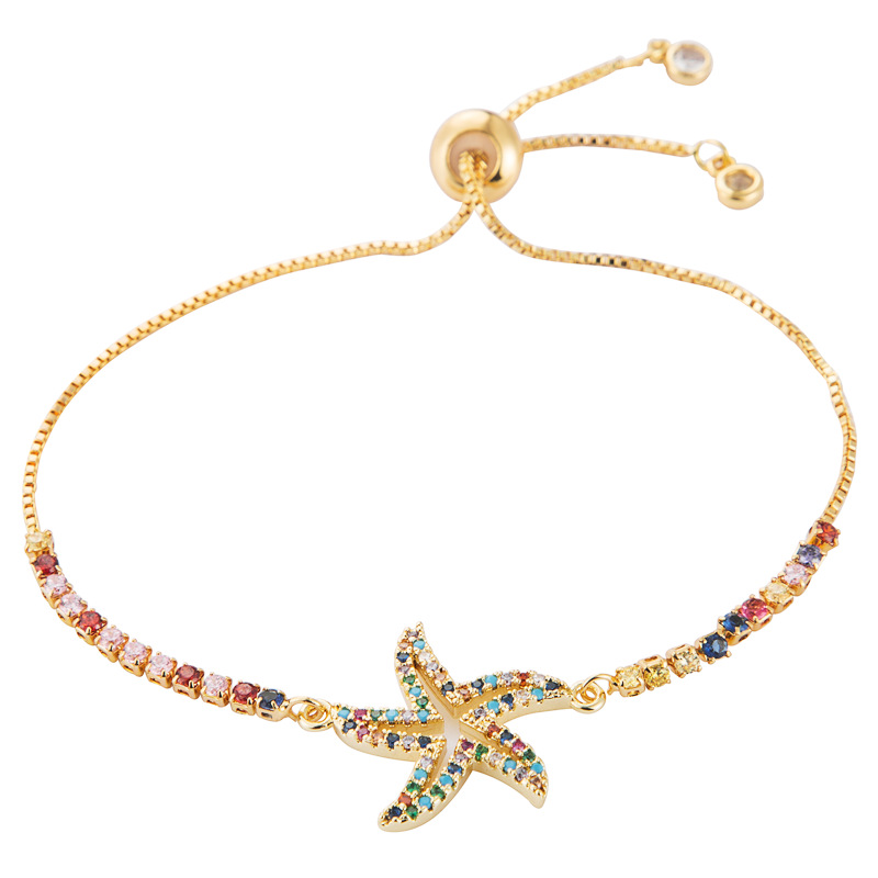 Female Copper Adjustable Creative Hollow Starfish Rainbow Inlaid Zircon Bracelet display picture 6