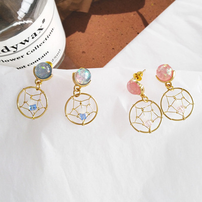 Dreamcatcher Earrings Trend Versatile Metal Colorful gemstone Earrings Geometry Simplicity Aesthetic Pierced ears Ear clip E38