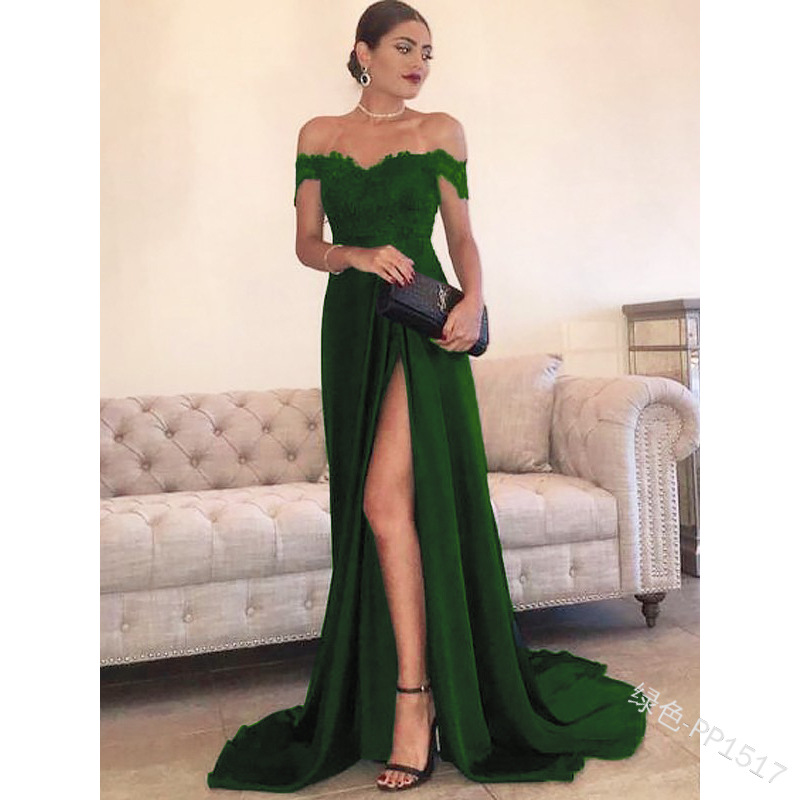 2020 autumn new European and American foreign trade Amazon sexy off shoulder lace split dress dress dress mop long skirt