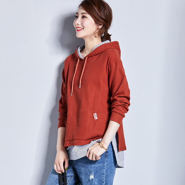 Hooded and fake two bathroom fashionable kangaroo pocket blouse 