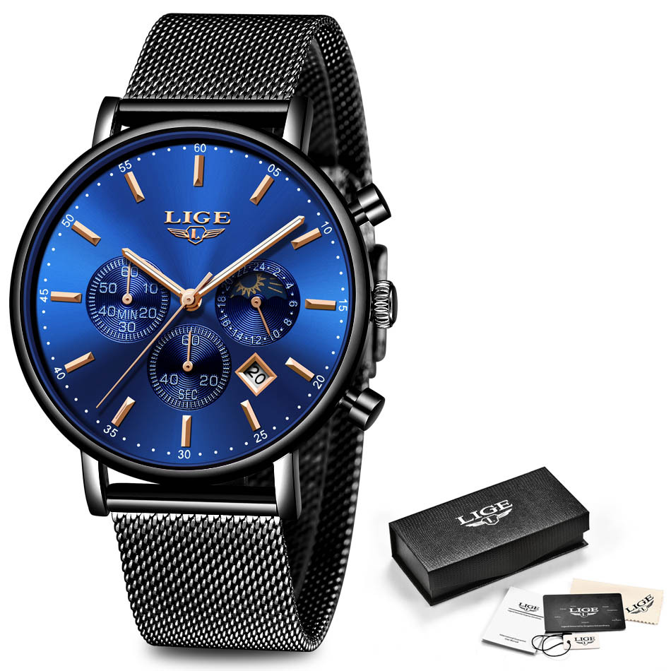 Foreign Trade LIGE Men's Personality Fashion Trend Leisure Waterproof Moon Phase Quartz Watch Business Sports Watch