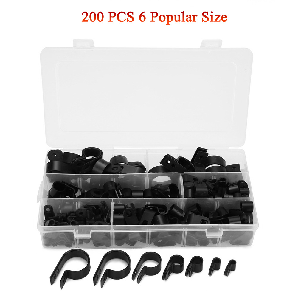 跨境电商专供 200PCS盒装 黑色塑料P夹子 尼龙R型理线卡 U型线扣