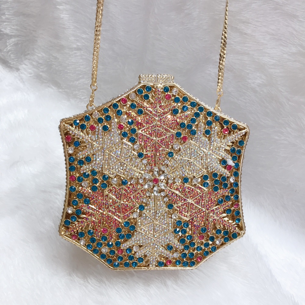 Túi clutch nữ đính pha lê kim cương bông tuyết, thiết kế hợp kim rỗng, làm bằng tay — Màu tím, Màu xanh lam, Ảnh tùy chỉnh được Cá nhân hóa, Màu đỏ hoa hồng chi tiết 16