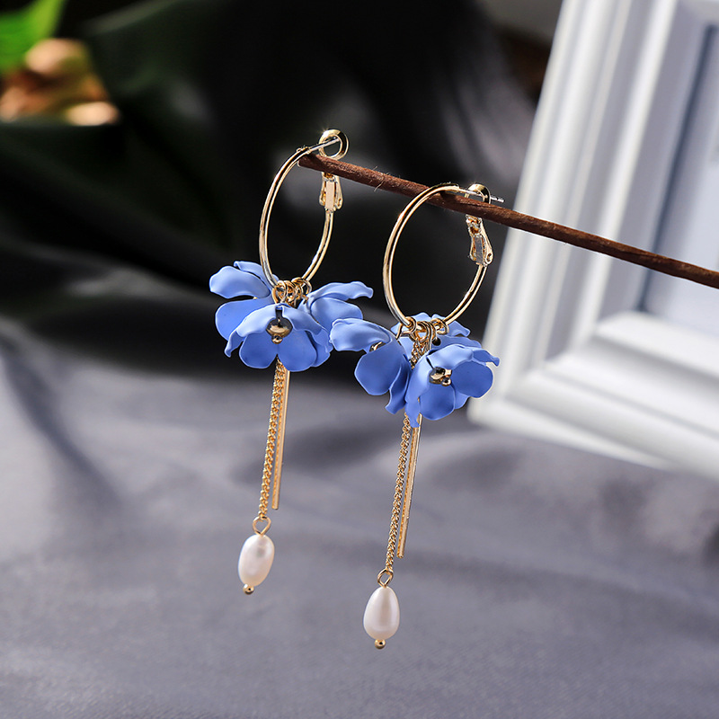 Fashion Pearl Pendant Earrings Wild Long Tassel Flower Earrings Women display picture 2