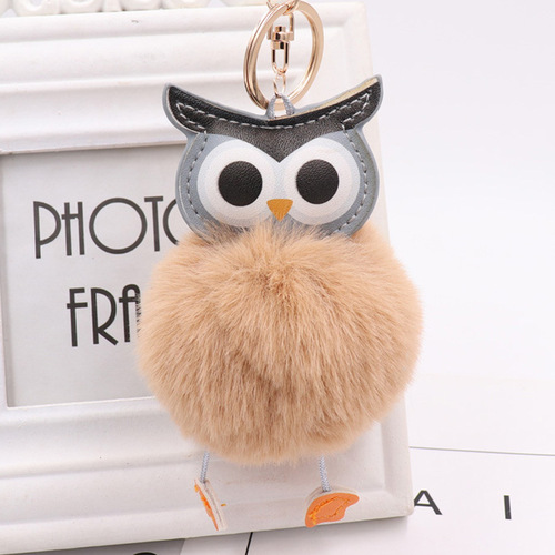 Cute owl fur ball keychain PU leather cartoon plush doll pendant bag car pendant gift