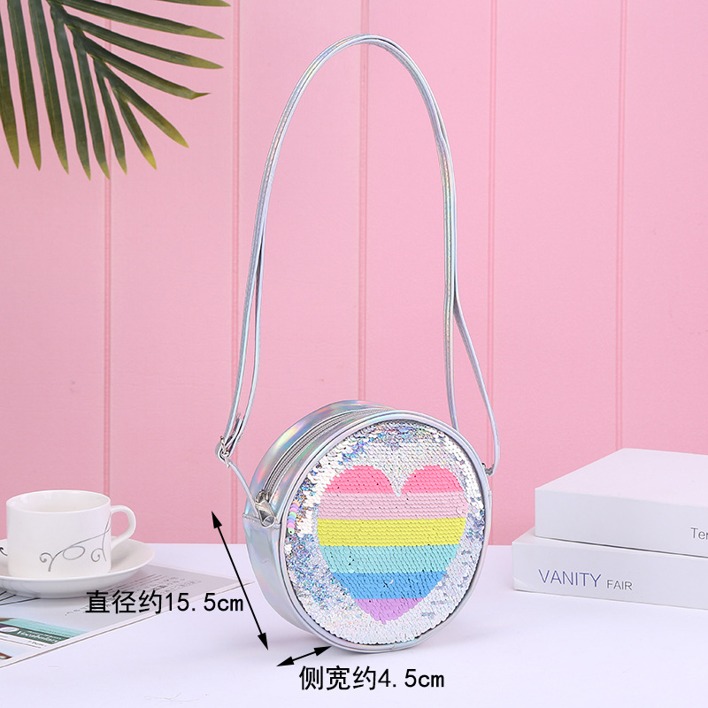 Moda nueva tendencia PU radium un hombro crossbody pieza corazón arco iris sirena unicornio lentejuelas niña detail image 3