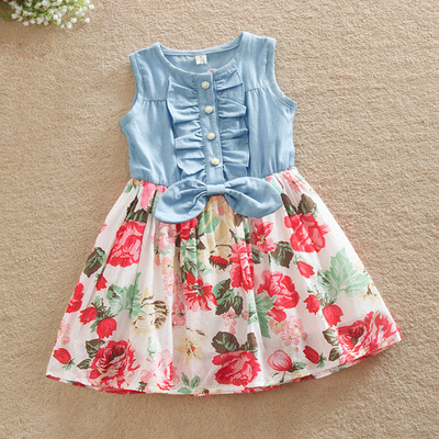 A generation of fat Foreign children Summer wear Explosive money Korean Edition girl cowboy Big flower Dress Cotton child skirt 178