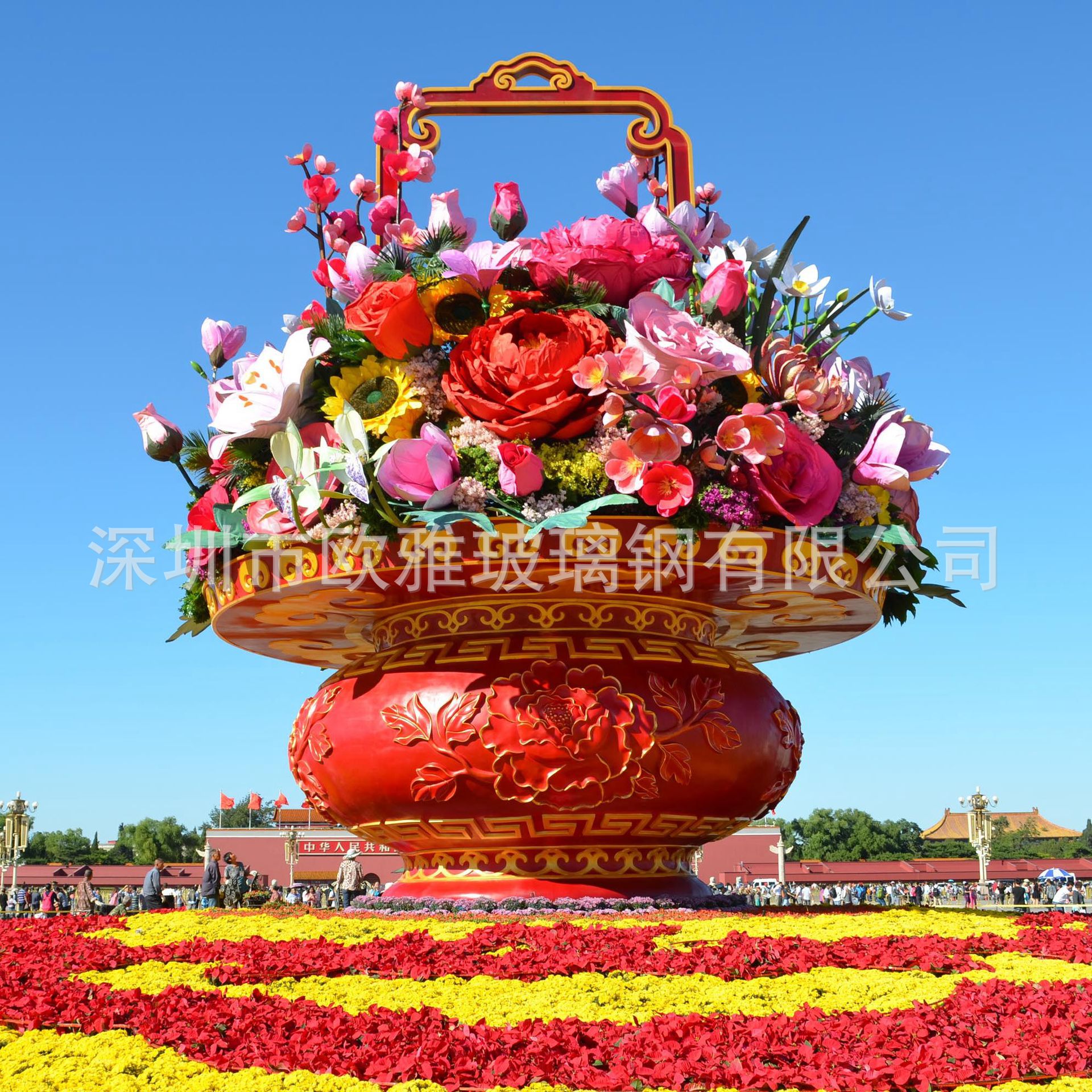 厂家直供玻璃钢花篮雕塑品牌大型植物景观美陈12米户外玻璃钢造型