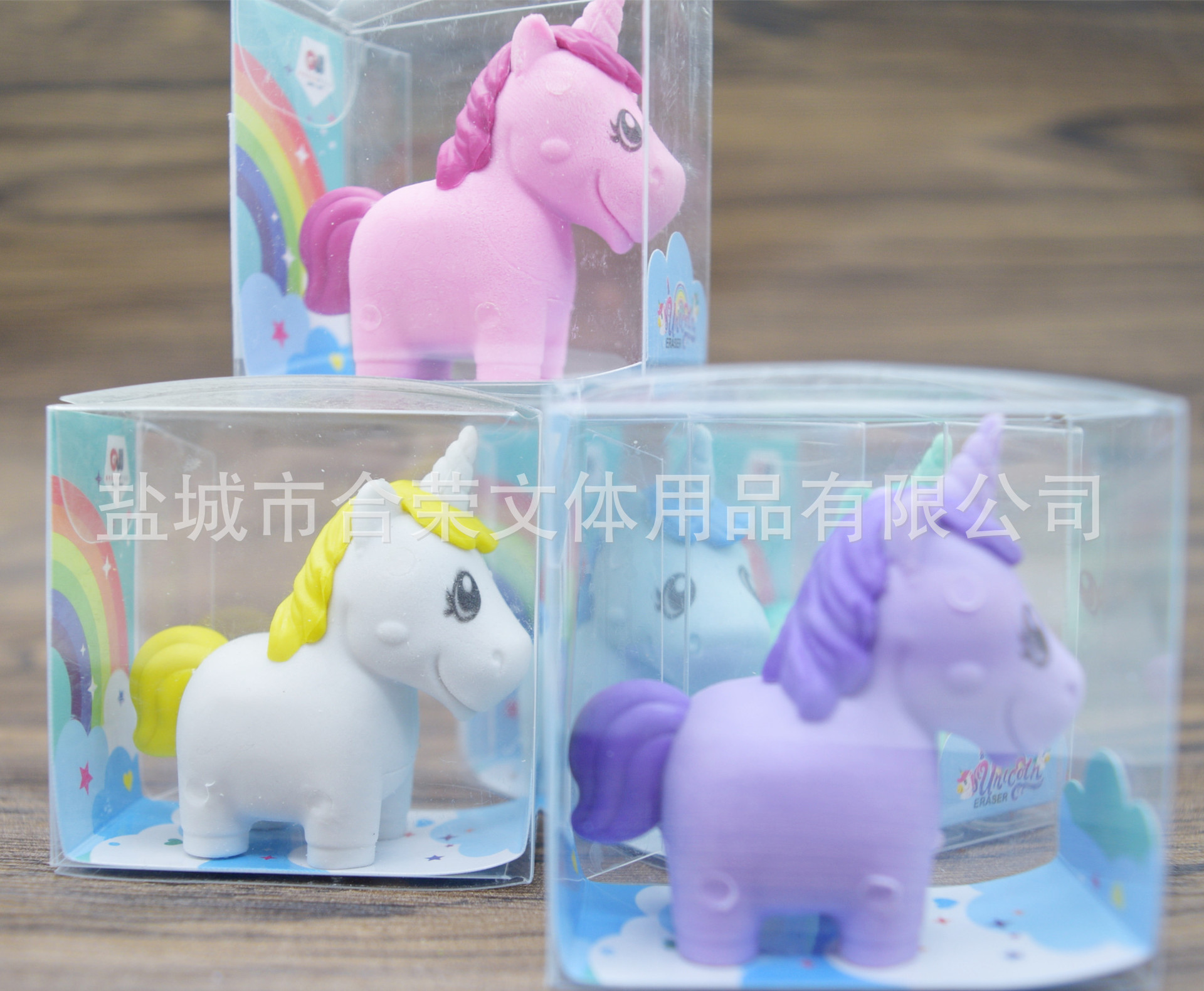Caricatura encantadora unicornio 3D borradora creativa artículos para estudiantes premios en stock al por mayor color OEM personalizado