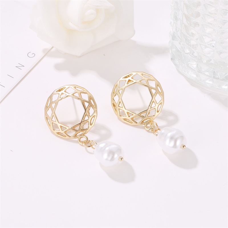 Earrings Geometric Hollow Round Mesh Stud Earrings Pearl Pearl Bead Pendant Earrings Wholesale display picture 2