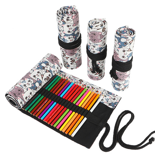 Big head cat print canvas pen curtain 12 24 36 48 72 holes large capacity pencil bag color lead sketch stationery bag