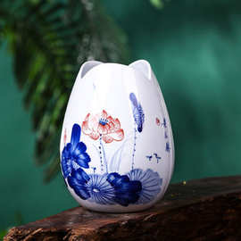 景德镇中式手绘荷花陶瓷器插花花瓶 现代简约工艺品家居装饰摆件