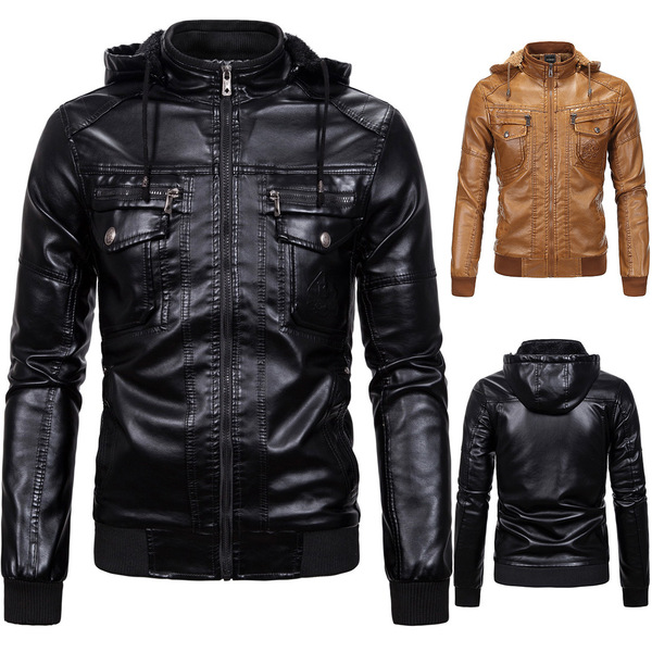 European men’s leather coat with plush warm leather coat classic imitation sheep leather hooded leather coat