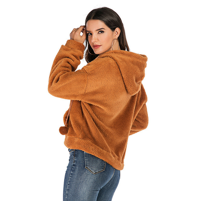 European and American casual fleece coat women’s solid loose hood