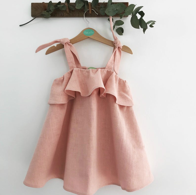 Fashion Solid Color Cotton And Linen Ruffles Strap Dress Knee-length Baby Clothes display picture 2