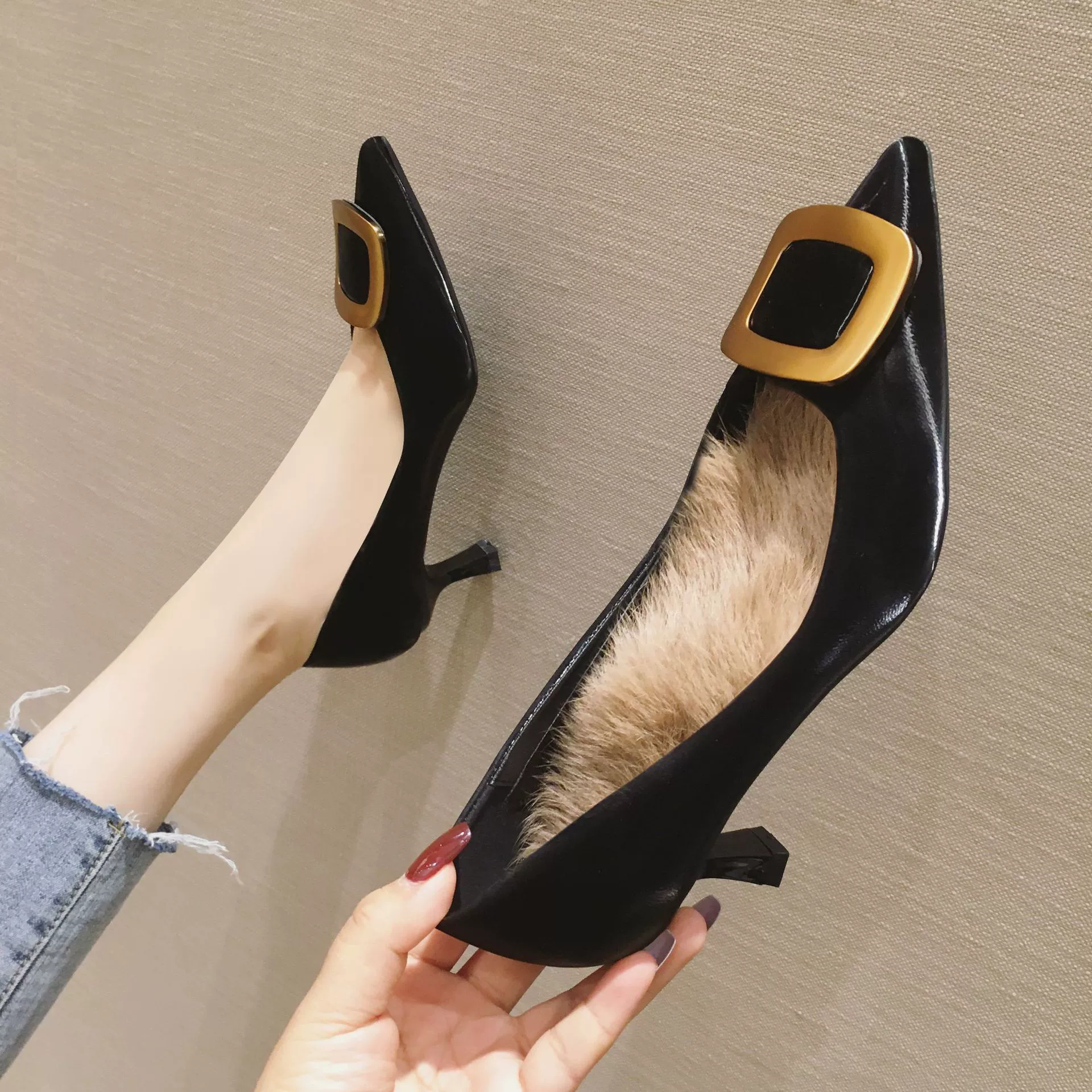 A666-9 Новые туфли на высоком каблуке в Корейском стиле на шпильке в стиле Шанель с резиновой подошвой и острым носком и низким ртом Модные женские одиночные туфли