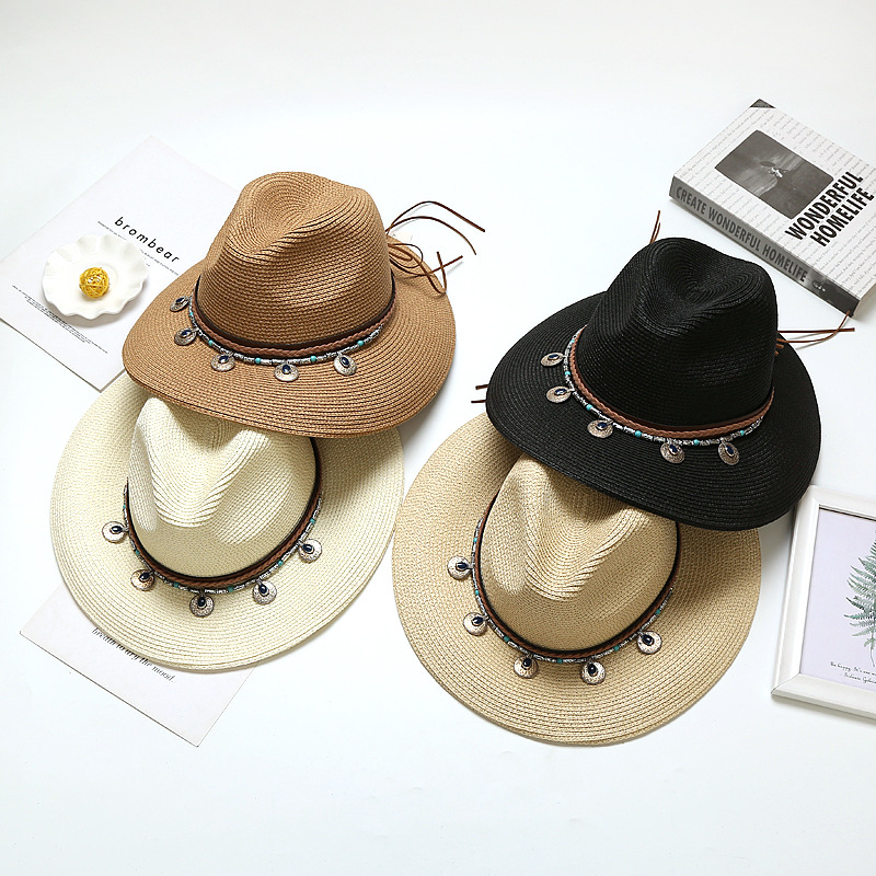 Viaje de verano nuevo sombrero de paja de protección solar de playa estilo coreano todo fósforo estilo étnico sombrero de ala grande Jazz femenino